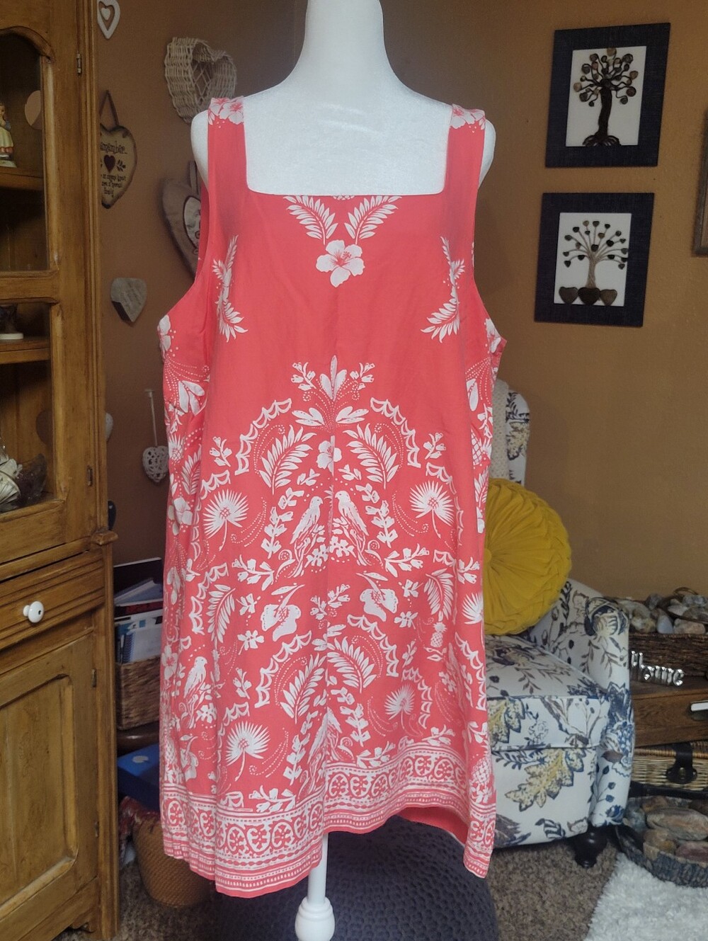 LC Lauren Conrad Coral and White Floral Soft Linen Blend Sleeveless Tunic xxl